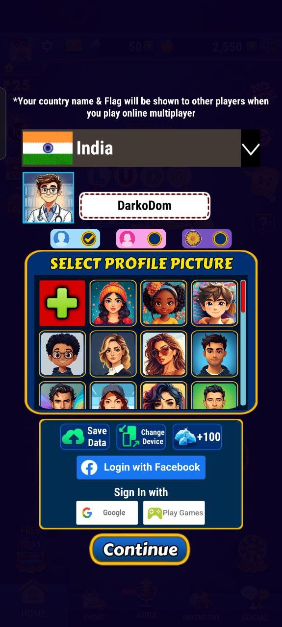 Ludo King ludo game login screen showing India profile selection