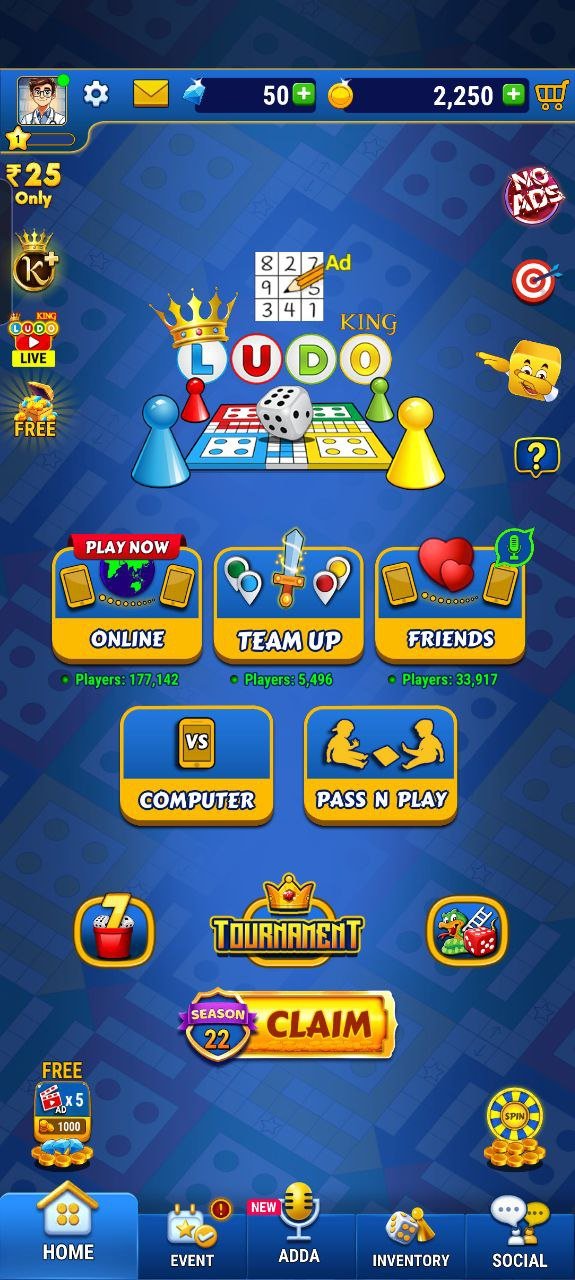 Ludo King ludo game online home screen with play options